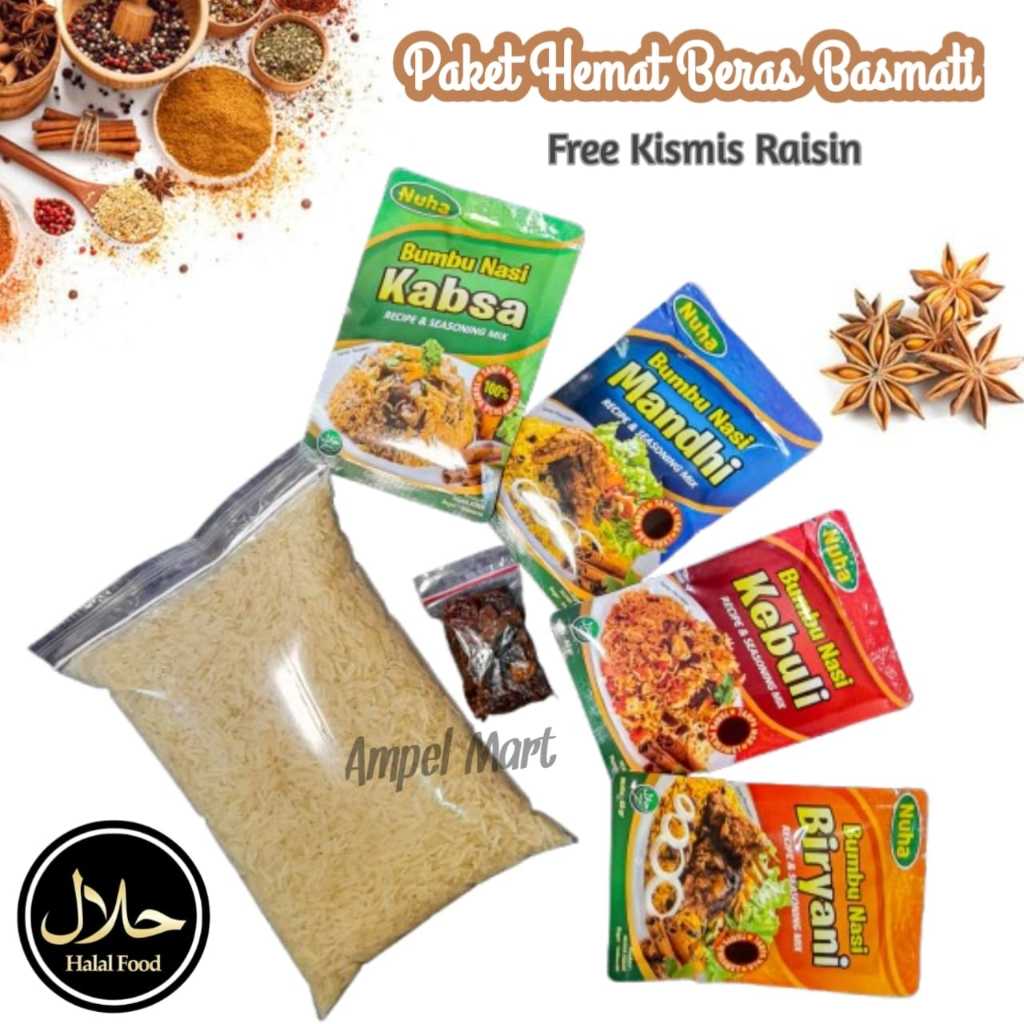 

PROMO!!! PAKET HEMAT BERAS BASMATI 1 KG / BERAS BASMATI TIMUR TENGAH / Bumbu Instant Kebuli Briyani Kabsah Mandhi Instan | FREE KISMIS