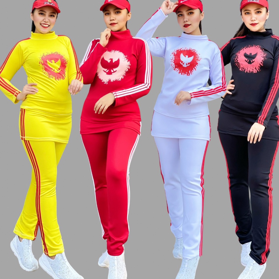 Langka Setelan Baju Senam Aerobic Zumba Gym Fitness Jogging Olahraga Hijab Muslim MERAH PUTIH GARUDA