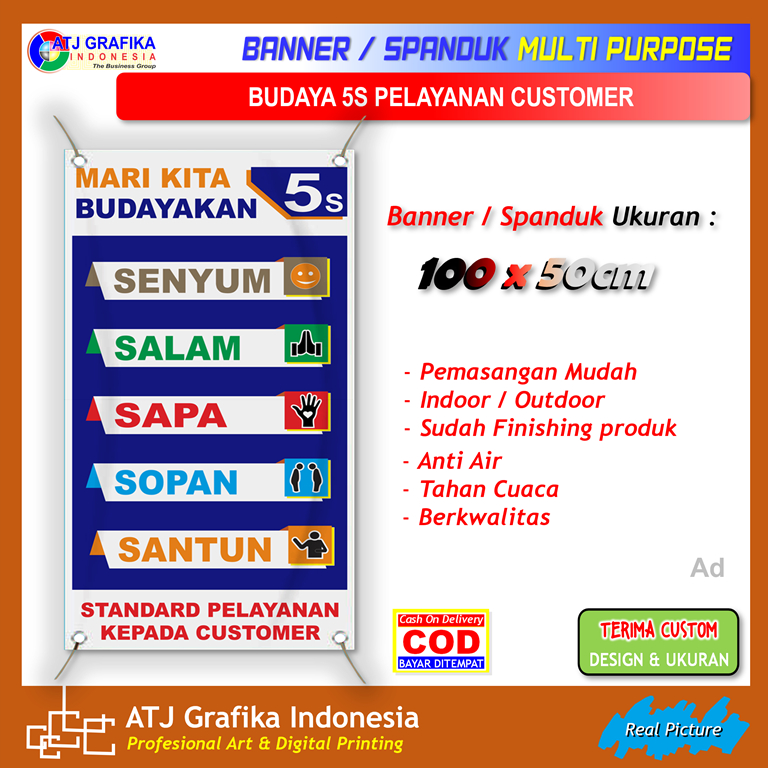 Banner spanduk 5S standard pelayanan customer senyum salam sapa sopan santun karyawan toko kantor