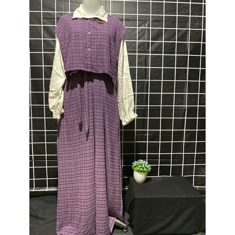 Gamis Overall motif kotak wanita//Gamis wanita rompi bisa dilepas//Gamis Dewasa
