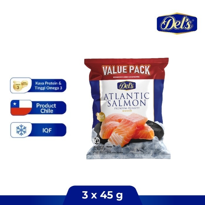 

DELS IKAN SALMON FILLET FROZEN 3 X 45GR/PACK, PRAKTIS DIGUNAKAN/BISA UNTUK BAYI/ANAK-ANAK