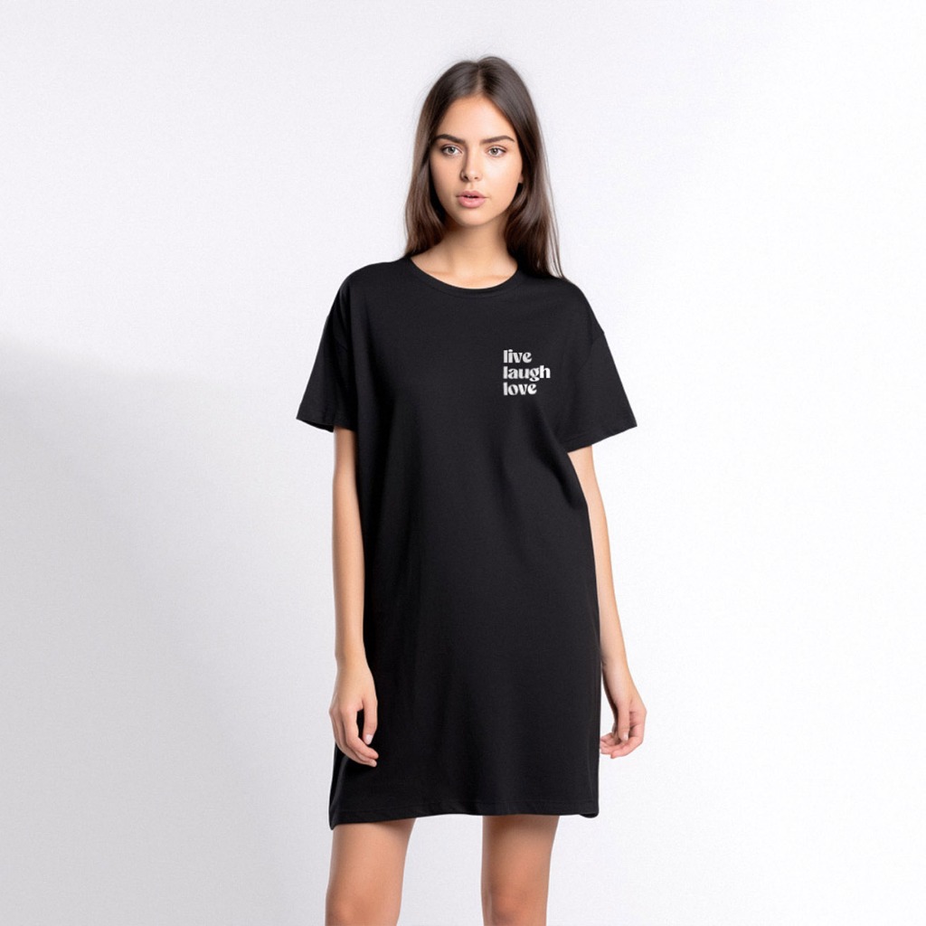 LTF46 Loose Dress Kaos Oversize Daster Wanita Instacool LD Tulisan Simple "Live Laugh Love" Hitam