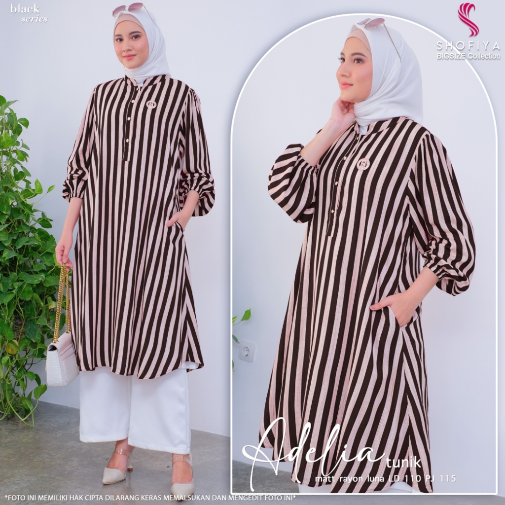 Adelia baju atasan kemeja long tunic tunik wanita muslim jumbo ld 110 rayon salur kekinian terbaru