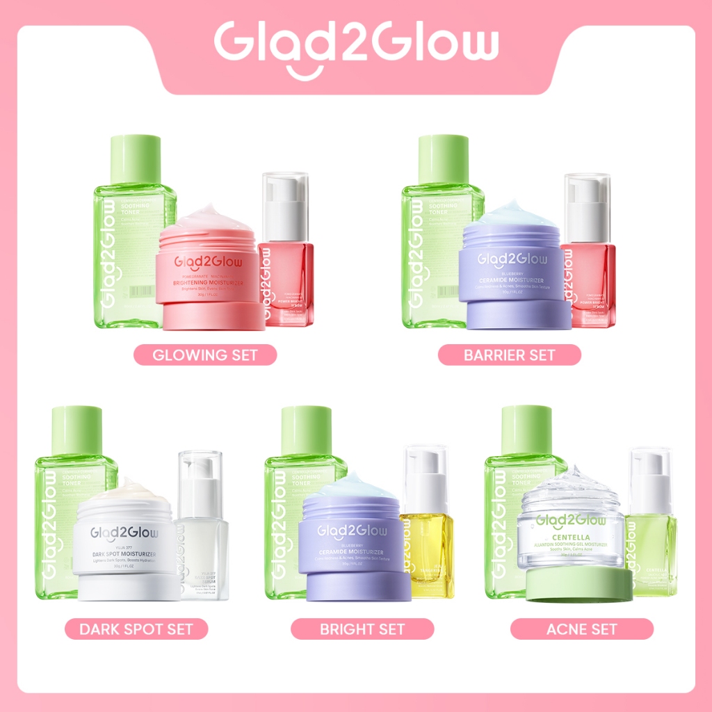 Glad2Glow 3pcs Paket Skincare Moisturizer Serum Clay Mask Stick Face Wash -ACNE KIT GLOWING KIT Dark