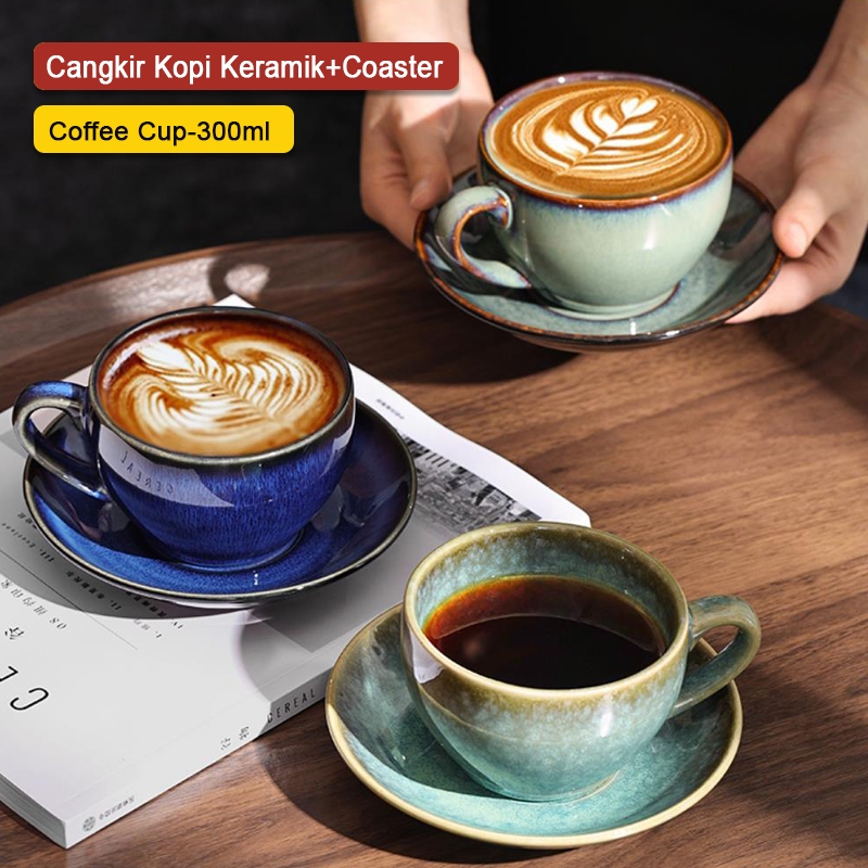 Set Cangkir Kopi Keramik + Coaster Cangkir Keramik Kopi Latte Motif Ceramic Coffee Cup Cafe Mugs 300