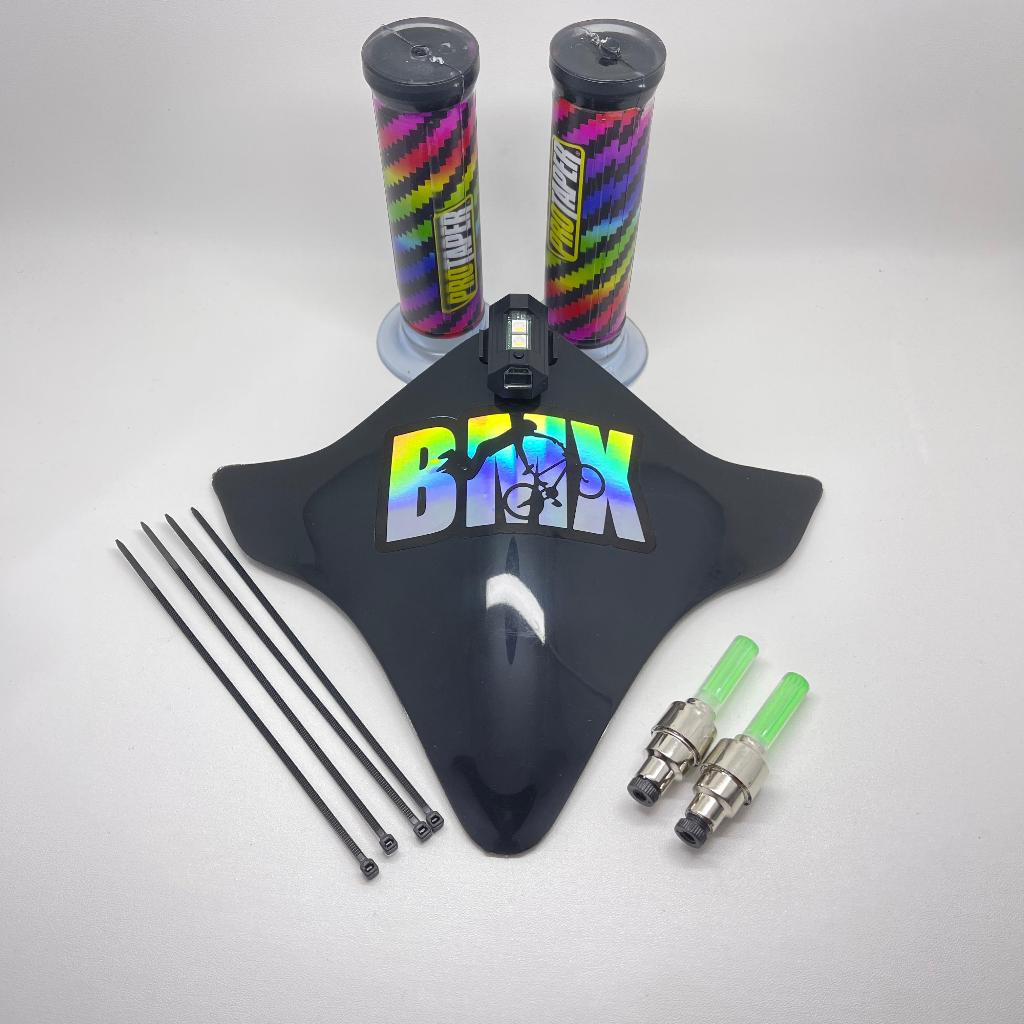 Paket Komplit Visor Sepeda Bmx + Stiker Hologram Bmx + Lampu Tempel + Lampu Tutup Pentil Nyala +