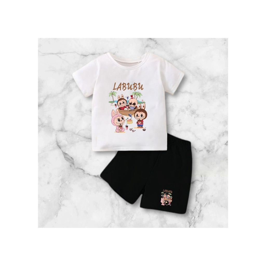 KAOS SETELAN ANAK LAKI LAKI DAN PEREMPUAN 2-10 TAHUN / SETELAN BAJU ANAK MOTIF LABUBU BEAR PANTAI / 