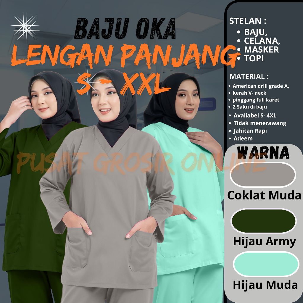 Baju Perawat OK Lengan Panjang- Baju Scrub Medis Jumbo Dokter Coklat Muda, Hijau Army & Hijau Muda