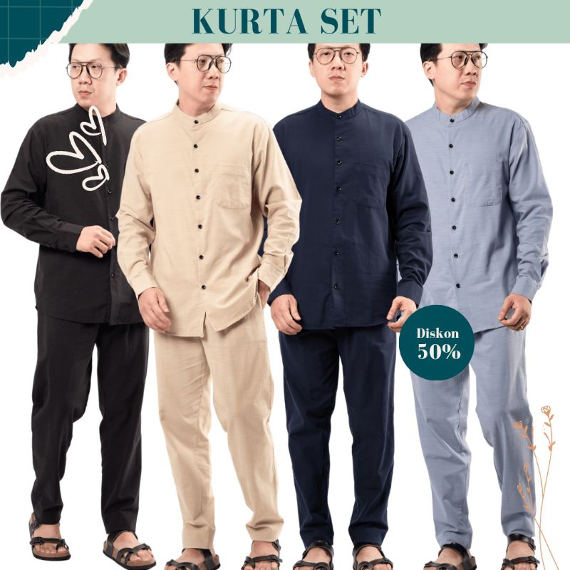 Baju Koko Set Pria Dewasa Setelan Baju Celana Muslim Pria Kemeja Koko Kurta Set Lengan Panjang Setel