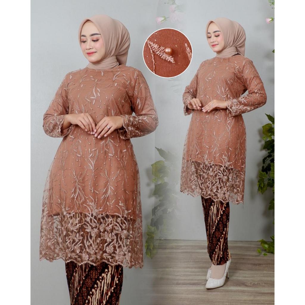 Kebaya Tunik Brokat Tile Modern Baju Pesta Kondangan Lamaran Wisuda Setelan Rok Plisket Jumbo