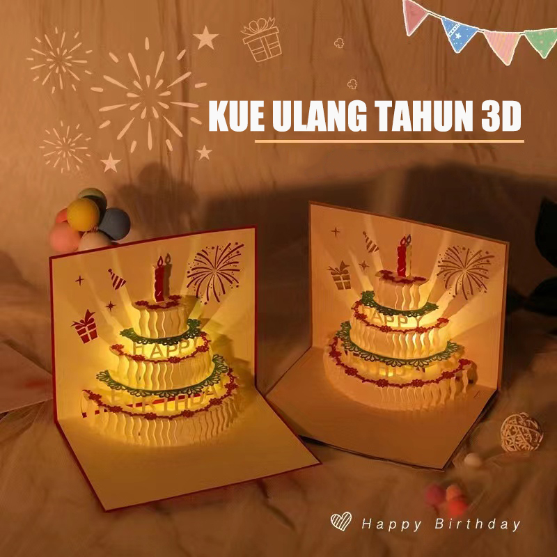 Kartu Ucapan Pop Up Kue Ulang tahun 3D Dengan Lampu Musik/Kartu Ucapan Pop Up 3D Bentuk Kue Ulang Ta