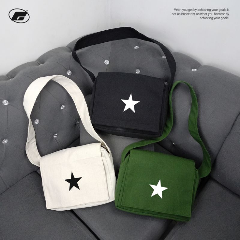 tas selempang kanvas premium ELMOU SE OFFICIAL star, tas selempang  cowo dan cewe,Sling bag skena