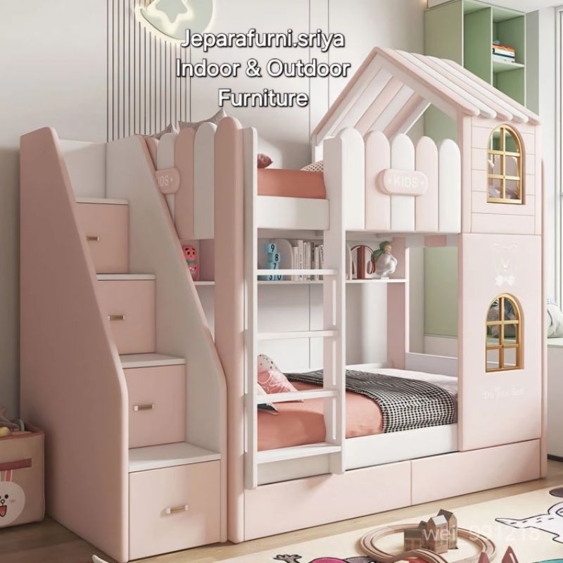 Tempat Tidur Anak Tingkat Kayu Jati Jepara 2 Bed I Dipan Tingkat Kayu Jati Jepara I Tempat Tidur Tan