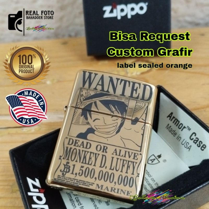 KOREK API ZIPPO ONE PIECE WANTED DEAD OR ALIVE ARMOR HEAVY 169 HIGH POLISH BRASS AUTHENTIC USA ORIGI