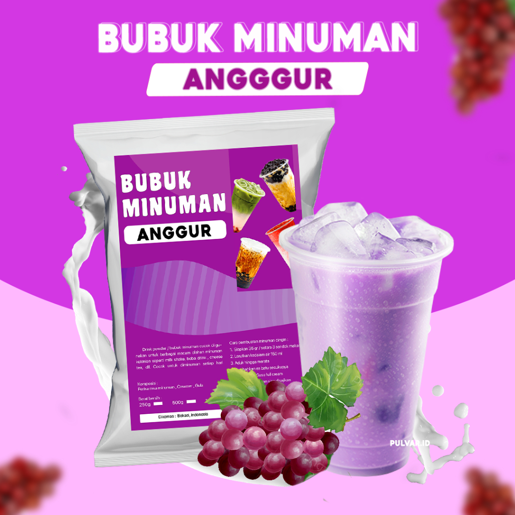 

BUBUK MINUMAN RASA ANGGUR / SERBUK MINUMAN RASA ANGGUR / BUBUK MINUMAN BOBA RASA ANGGUR