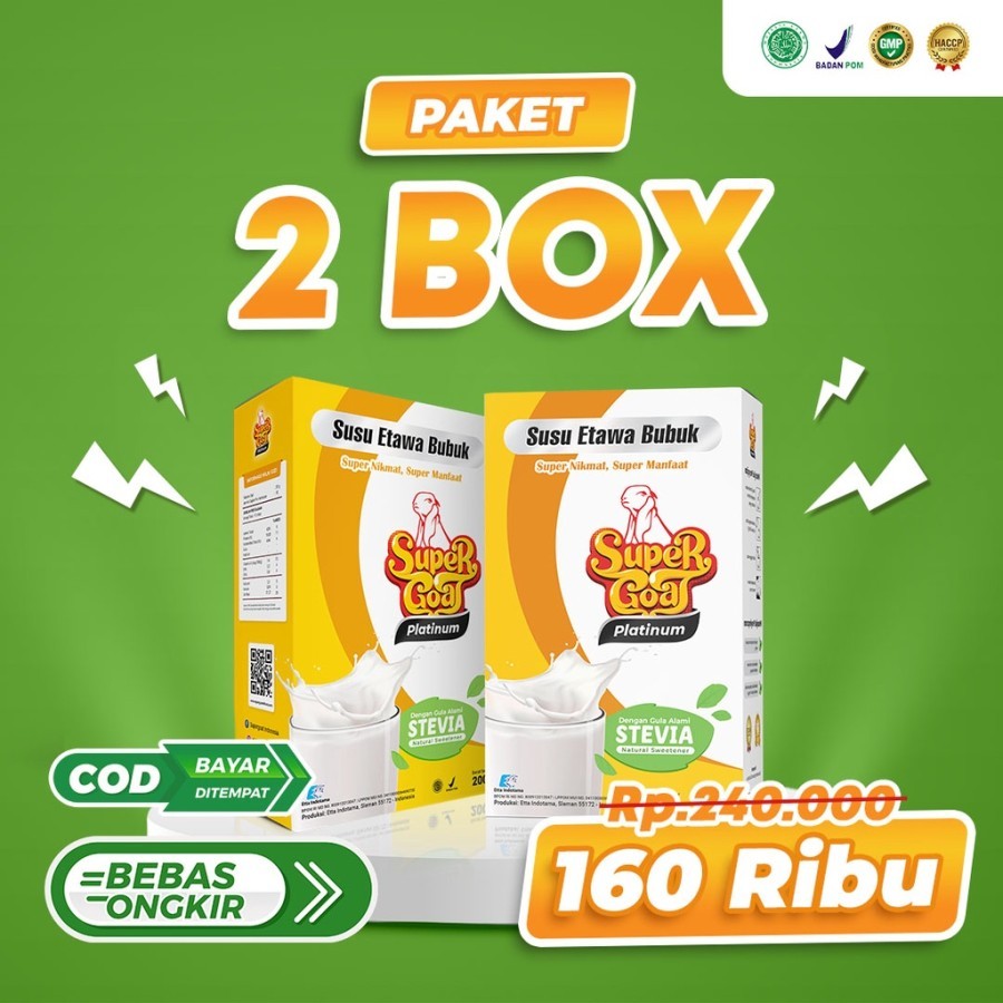 

SUPERGOAT PLATINUM STEVIA PAKET 2 BOX Susu Kambing Etawa Plus Stevia Solusi Diabetes Melitus 200gram