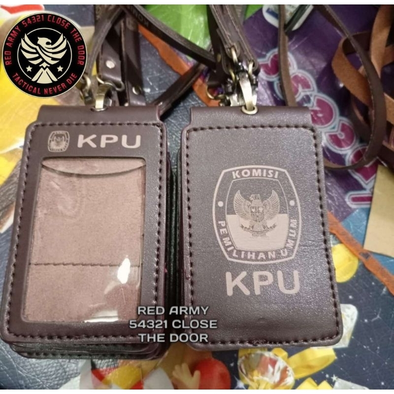 

Holder ID Card Tali Lanyard Name Tag Double Flip Magnet PU Leather Logo KPU Coffe