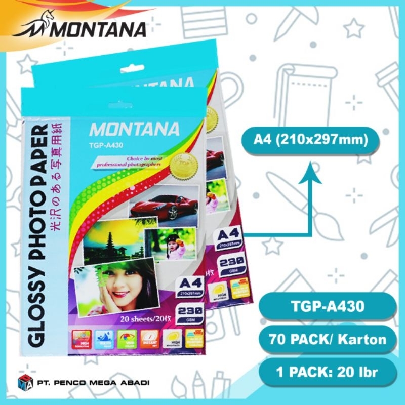 1pack MONTANA Glossy photo Paper 230gsm A4 // Kertas Photo 230gsm // kertas photo Glossy