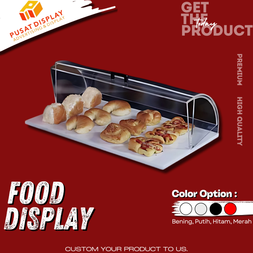 Etalase Akrilik Setengah Lingkaran untuk Kue dan Roti, Display Makanan Transparan, 60x36x21 cm