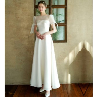 GAUN PERNIKAHAN SIMPLE SATIN LENGAN PENDEK  / WEDDING SIMPLE  PUTIH  CLOCK ROK SATIN