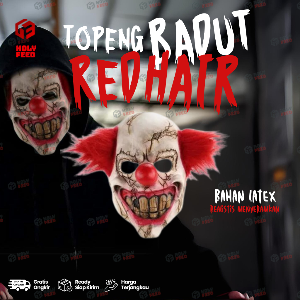 Topeng Badut Topeng Joker Halloween Killer Scary Clown Party Mask Paintball Full Face Rambut Merah