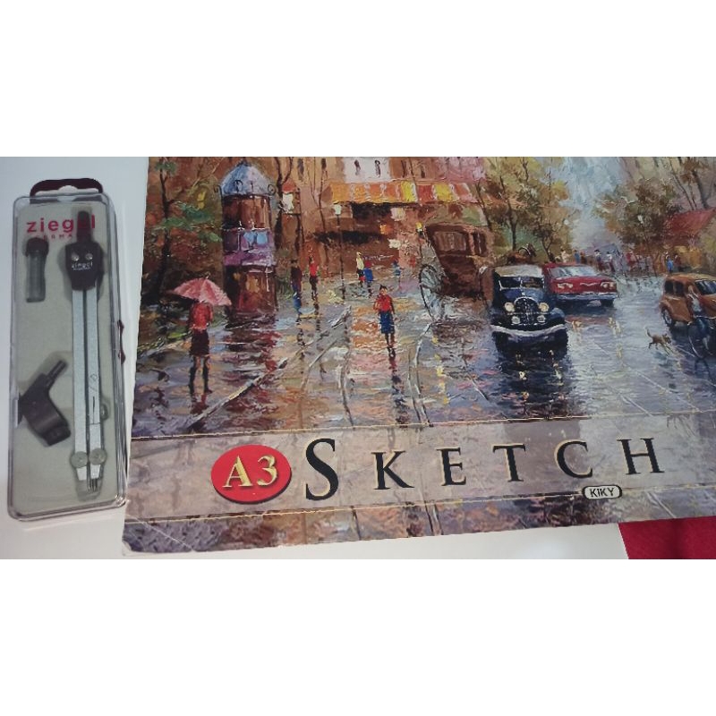 

Preloved buku gambar sketchbook A3 dan jangka ziegel