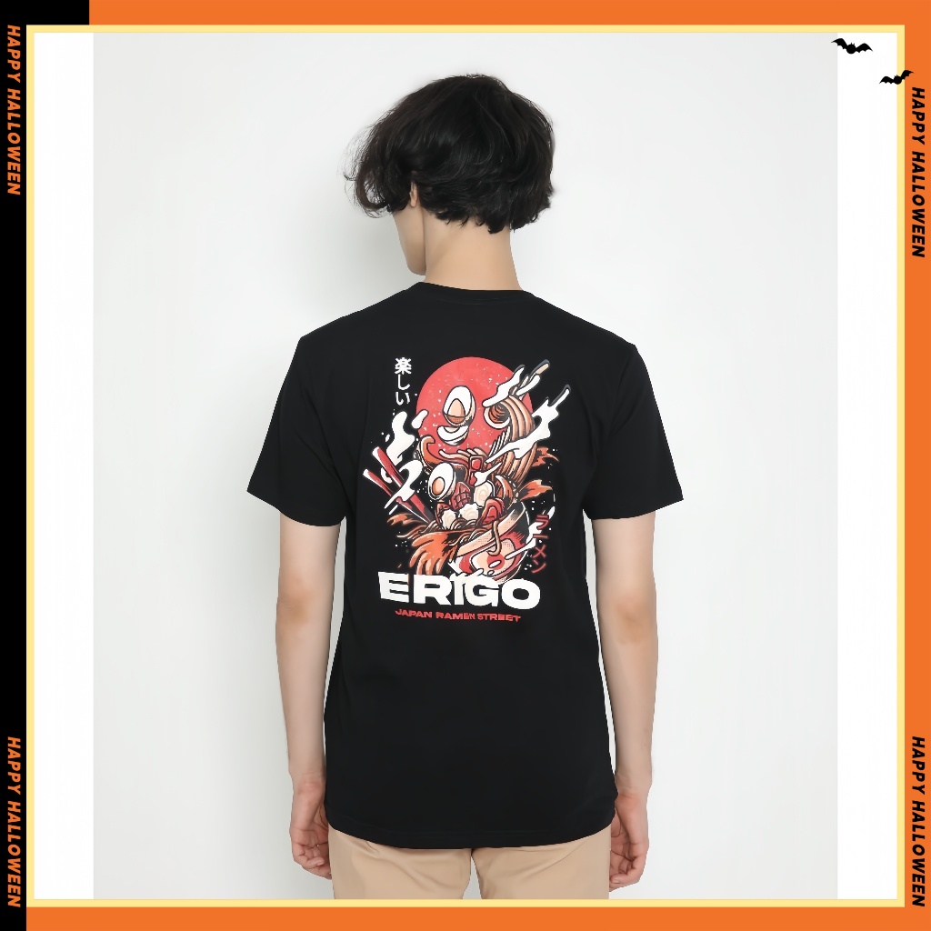 （COD）Erigo T-Shirt Ramen Street Black Unisex Kulit ramah dan nyaman