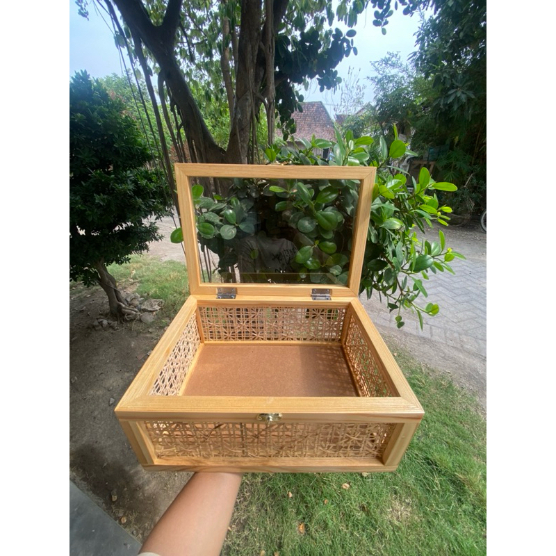 

box rotan webbing motif flower tutup akrilik natural box hampers box seserahan box kado kotak simpan serbaguna
