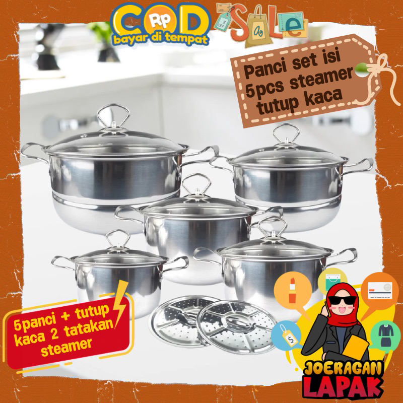 [JOERAGAN LAPAK] PANCI SET 5 PCS TUTUP KACA HIGH POT STAINLESS STELL KUKUSAN STEAMER KUAH HAPPY FUN 