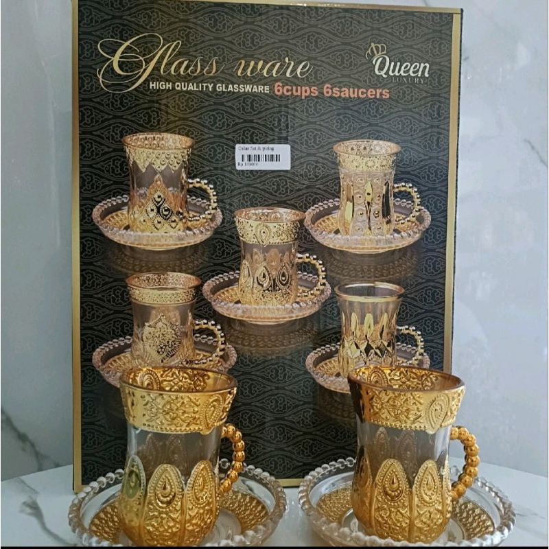 Set Gelas dan Tatakan Arab GOLD PREMIUM isi 6pcs~Cangkir Mewah dan Tatakan Turki Mewah