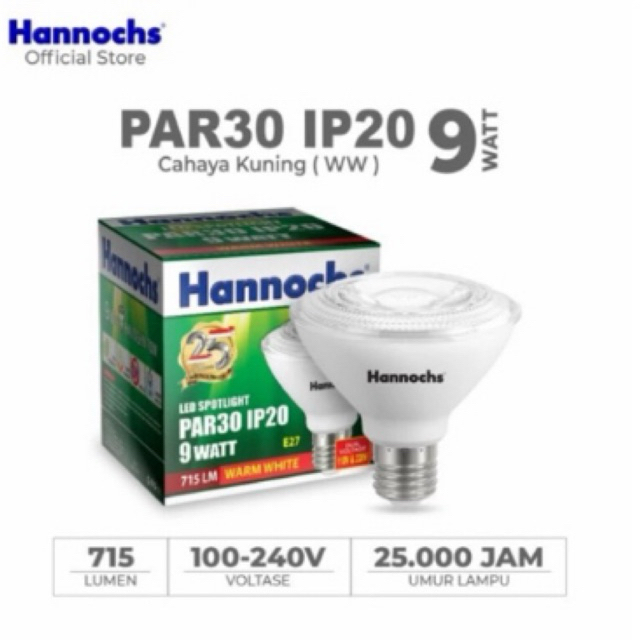 Hannochs Spotlight LED PAR30 IP20 9watt WW E27 - Lampu Sorot - Kuning