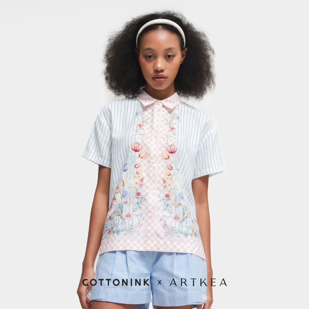 COTTONINK x Artkea - Atasan Kemeja Wanita Blue Tierra
