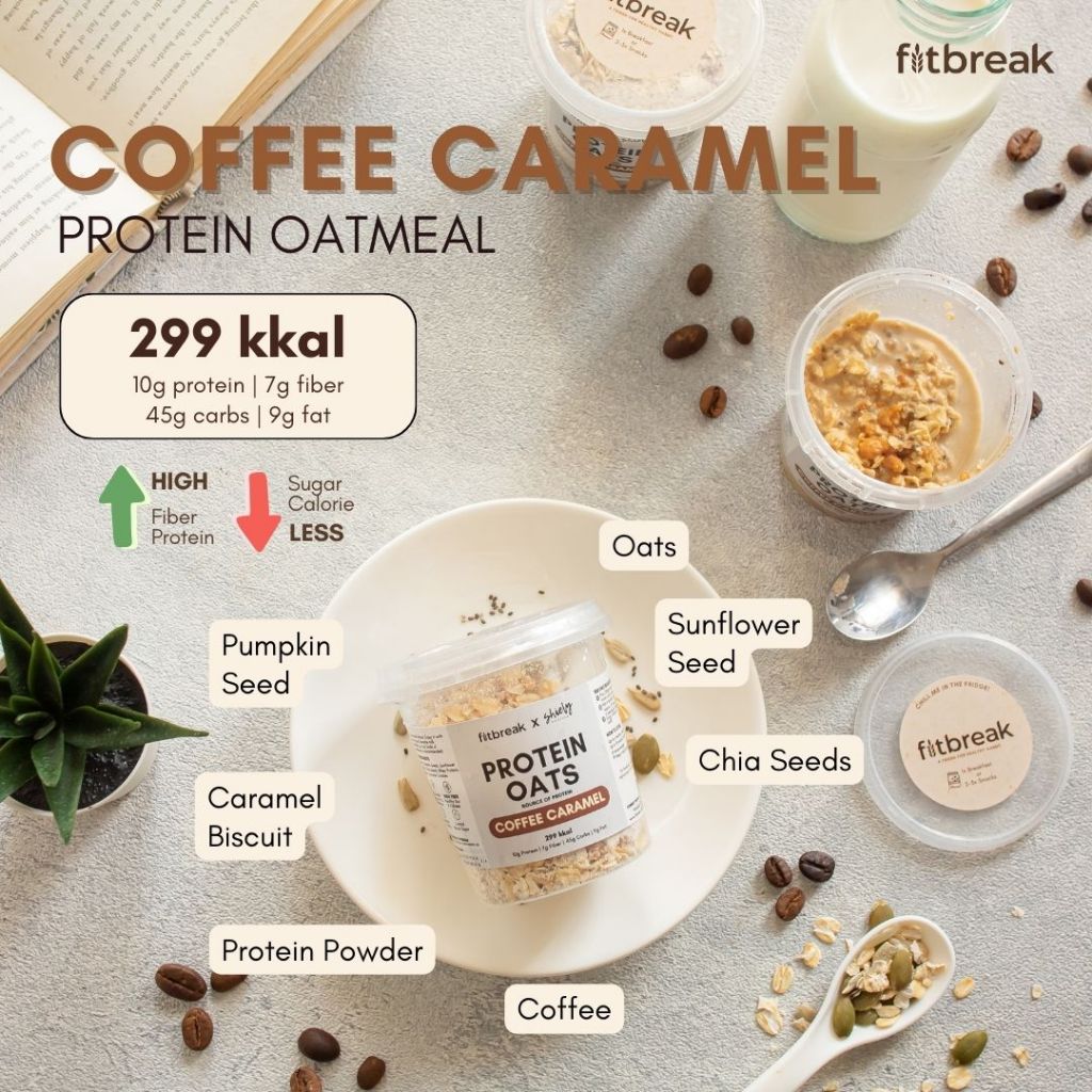 

Coffee Caramel Protein Oatmeal Fitbreak Tinggi Serat / Healthy Snack / Instant Oats / Overnight Oats / Diet Friendly / Sarapan / Oatmeal