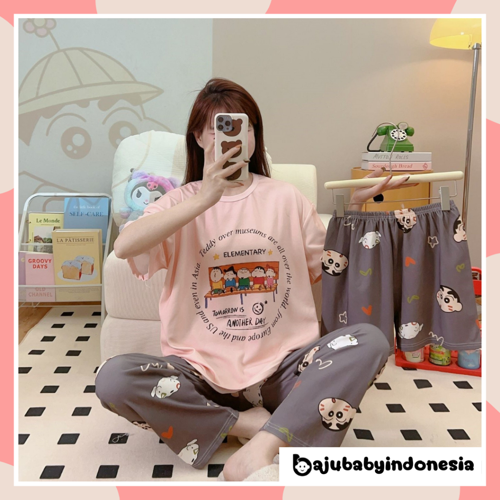 BBI Piyama wanita 3 in 1 set baju tidur perempuan remaja dewasa lembut bahan katun poliester adem se