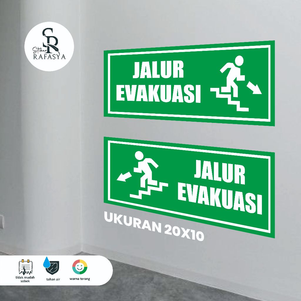 

Stiker Dinding Jalur Evakuasi / stiker arah tangga evakuasi Ukuran 20x10cm + laminasi Glosy