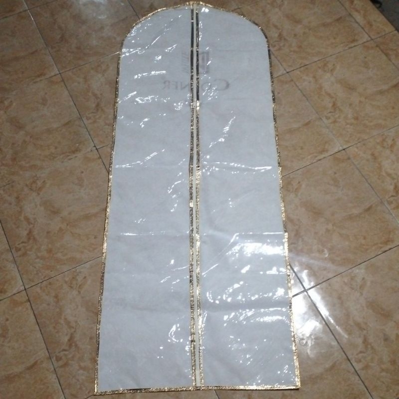 NEW!!!Cover gaun CUSTOM dengan lis metallic gold bahan PREMIUM resleting YKK