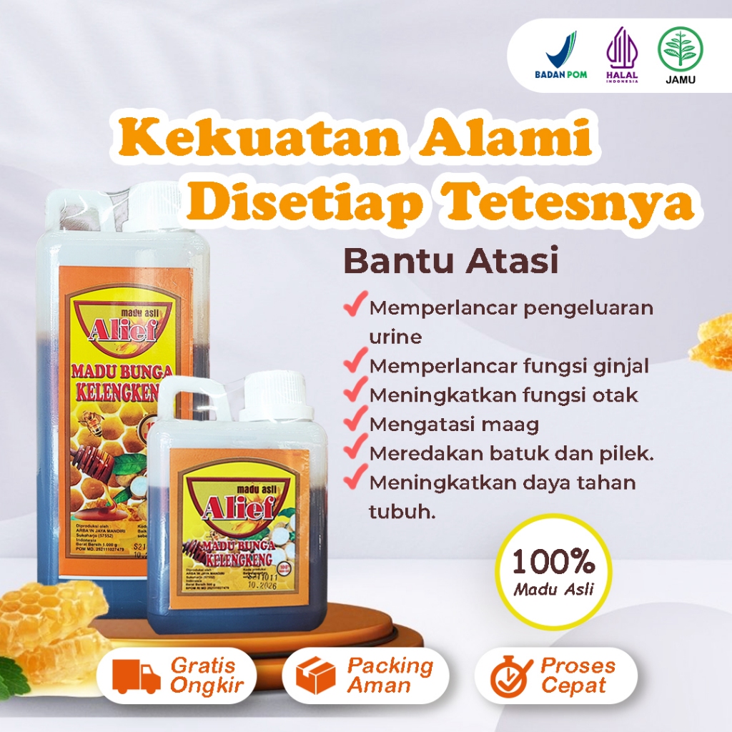 

Madu Bunga Kelengkeng Botol Plastik Alief Asli BPOM Madu 1kg/1000gr & 500gr Murni Madu Drigen