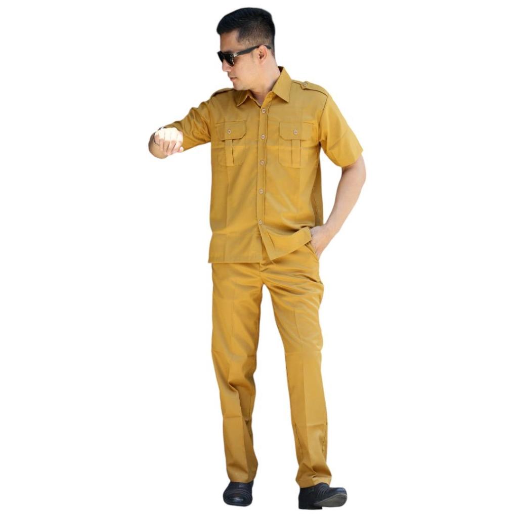 GROSIR BATIK SOLO/ SATU SET BAJU KHAKI PRIA LENGAN pendek / Baju Khaki coklat Pria Lengan pendek BAH