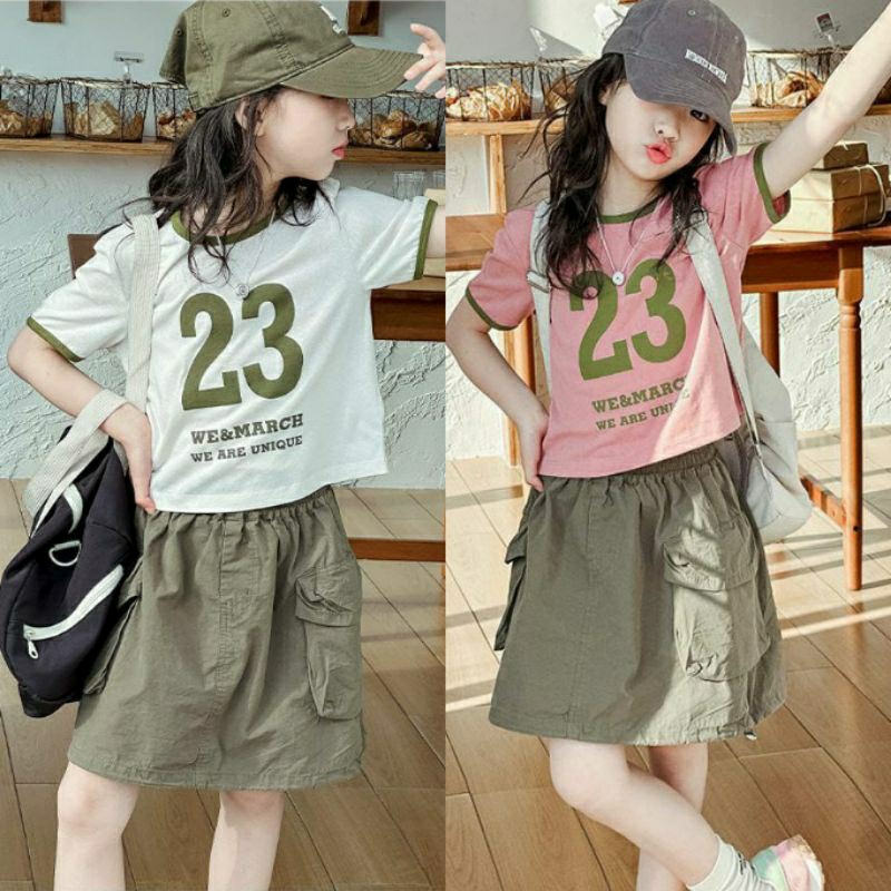 Littlefairy setelan rok cargo marchi anak cewek import/setelan baju tanggung anak perempuan