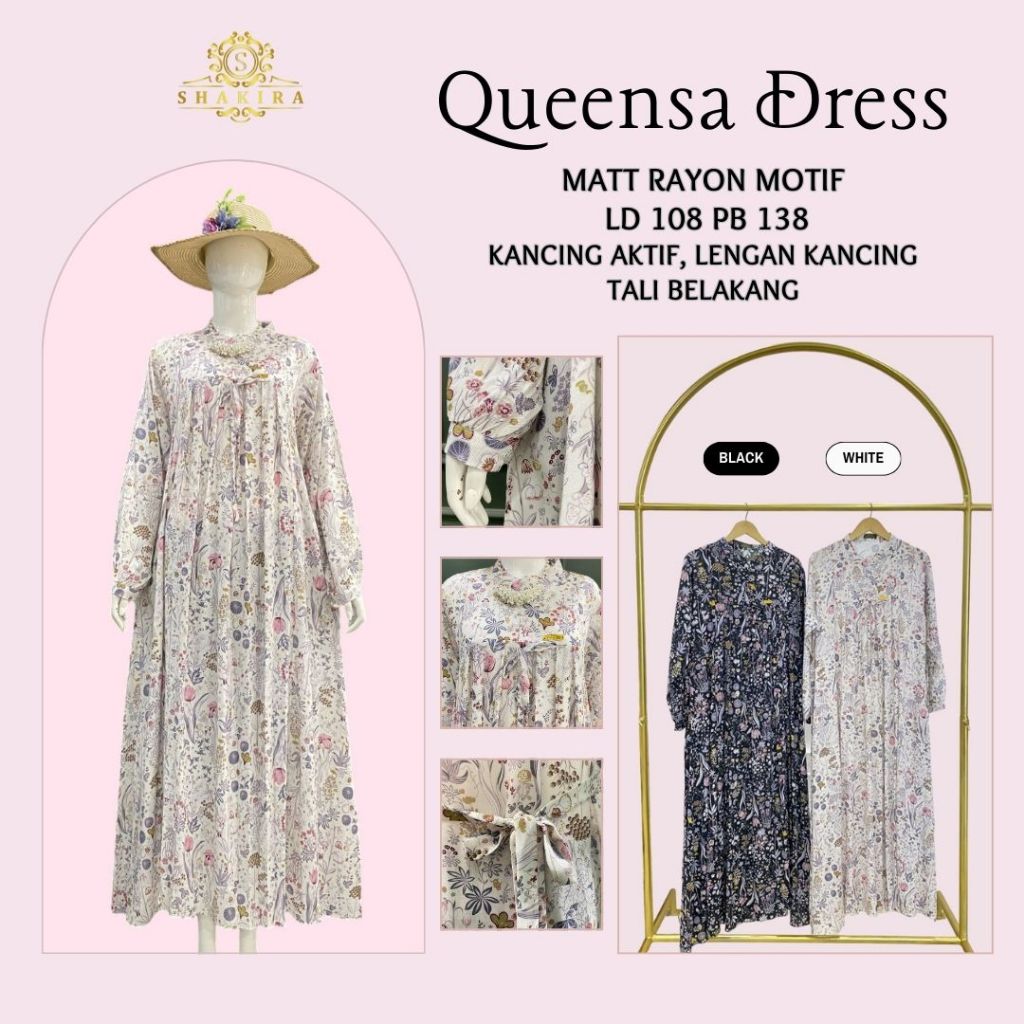 Gamis QUEENSA DRESS Bahan Rayon Motif Polos Busui Friendly Motif Bunga Black White