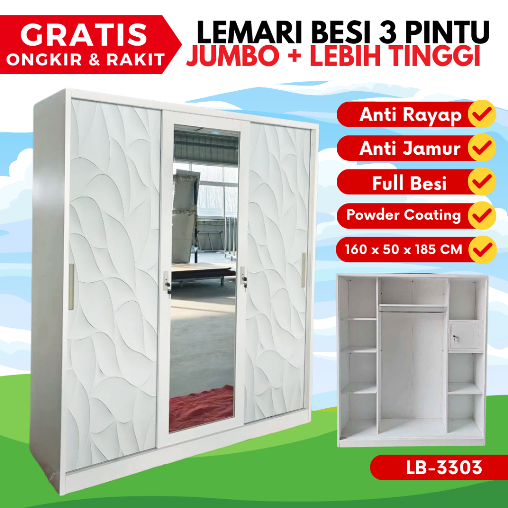 Lemari Pakaian Besi 3 Pintu BUFALO Sliding Jumbo, Lemari Baju Besi, Lemari Besi 3 Pintu, Lemari Besi