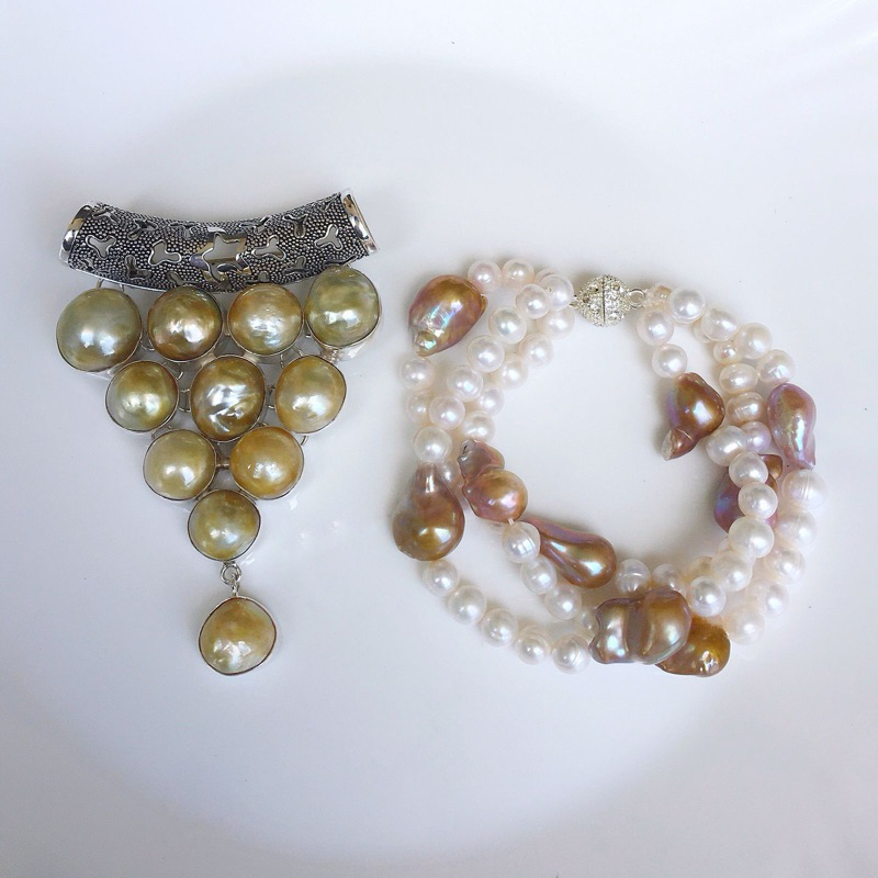 Bros Perak Mutiara Barok Laut & Gelang Mutiara Tawar Combi Barok