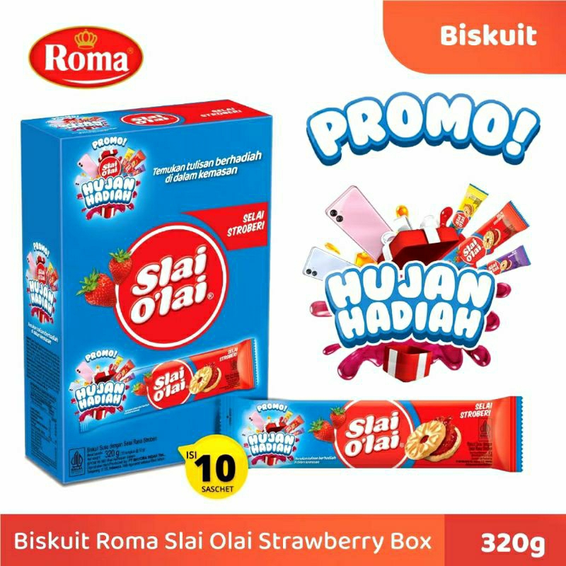 

Roma Slai O'lai selai stroberi box 320g (10 bungkus @32g)