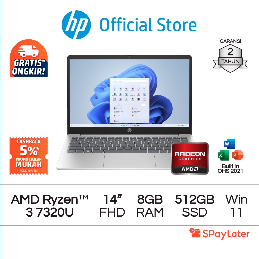 Cicilan Murah SPL - Laptop HP AMD Ryzen 3 Radeon 8GB RAM 512GB SSD Gold / Silver Windows 11 Home 14 