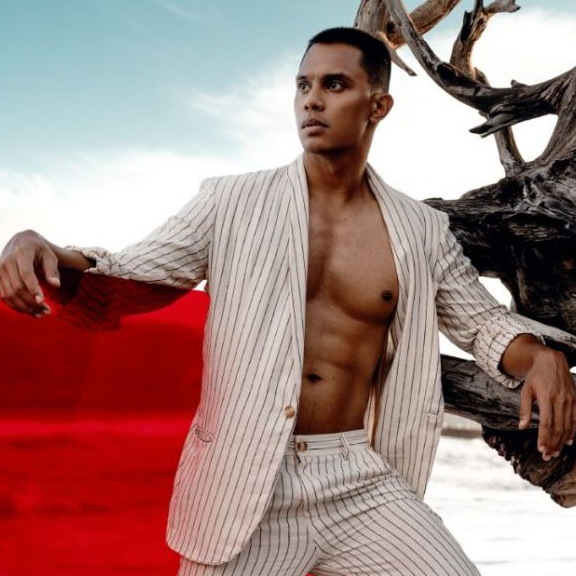 REMEDY x L-Men Blazer Linen Pria Warna Cream Garis - Diaz Linen Blazer