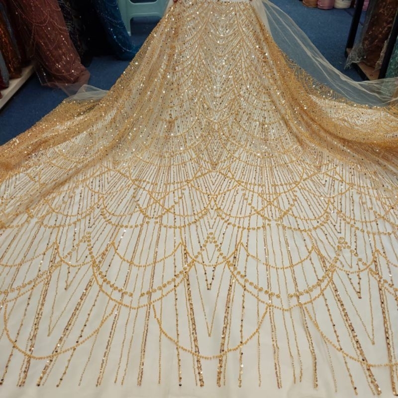 (Cod) bahankain tille peat kebaya indonesia/bakal kain pengantin tulle full payet mewah/tille brokat