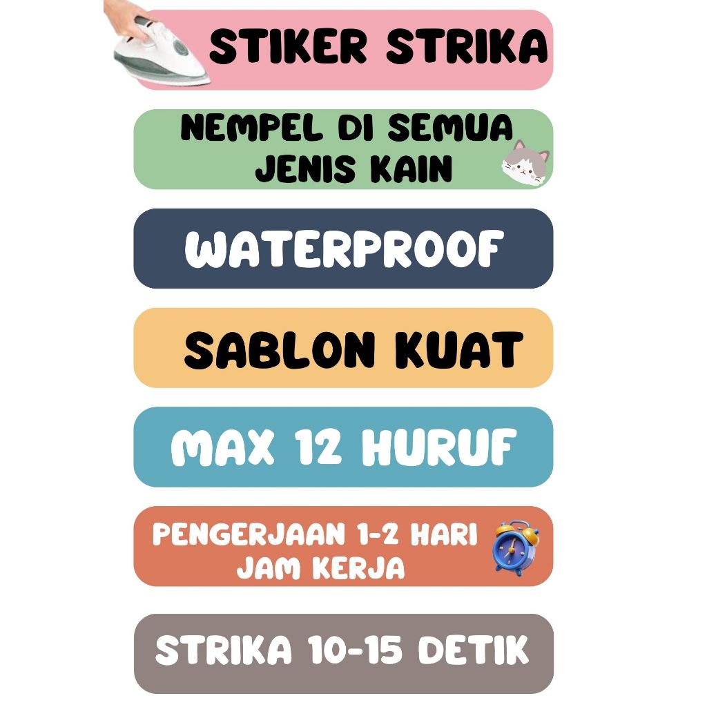 

Sticker Label nama Setrika / stiker untuk semua jenis Kain / Sablon Nama / Label Baju Kaos Sablon Setrika Sticker Iron Custom Tulisan baju