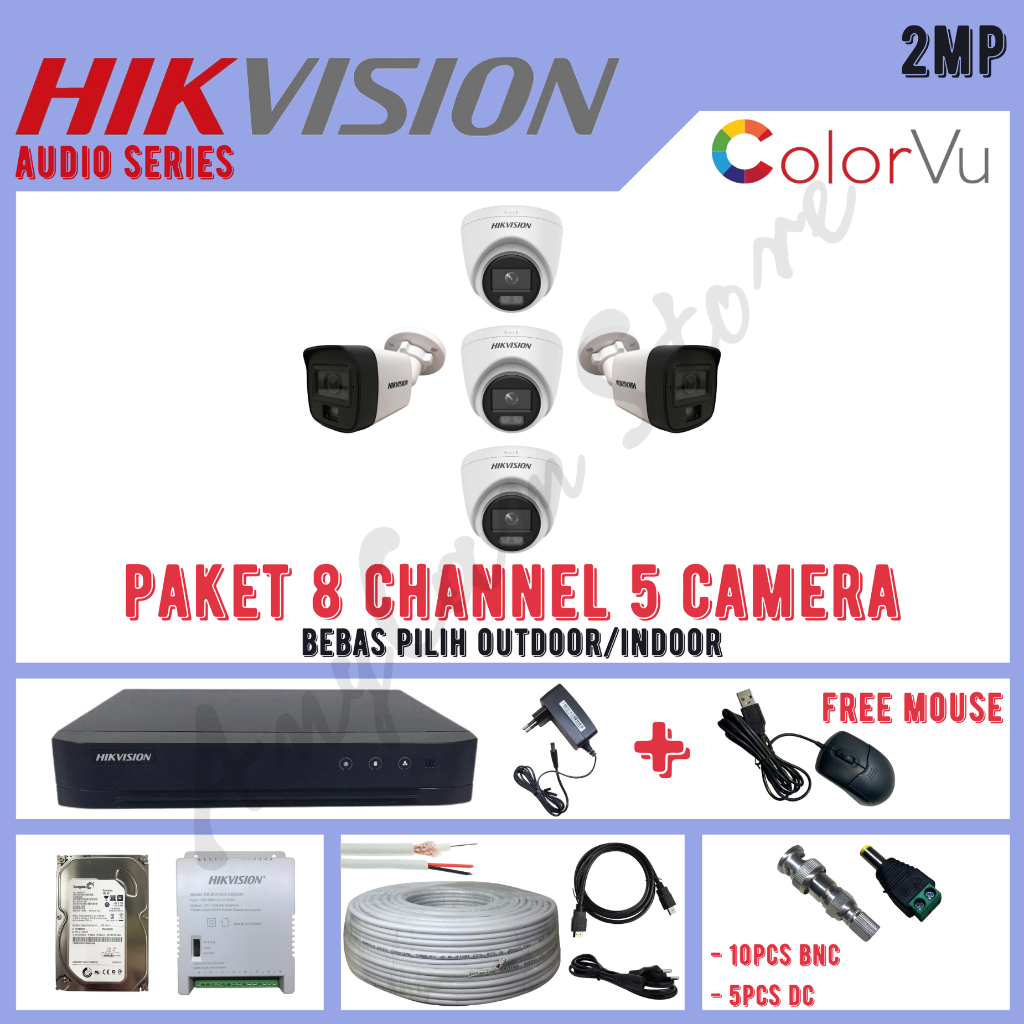 Paket CCTV Hikvision ColorVu 2MP 8 Channel 5 Kamera ColorVu Turbo HD 1080P Audio Series
