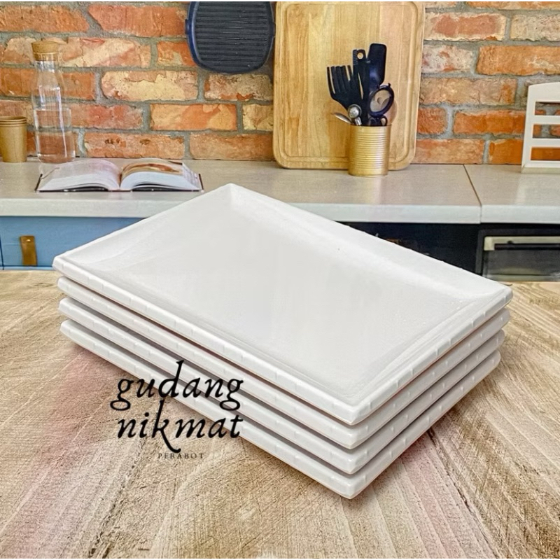 [1 Pcs]Piring Saji Melamin SingaSingi Persegi Panjang Putih  (21 x 14 cm) Piring Sajian Melamine Per