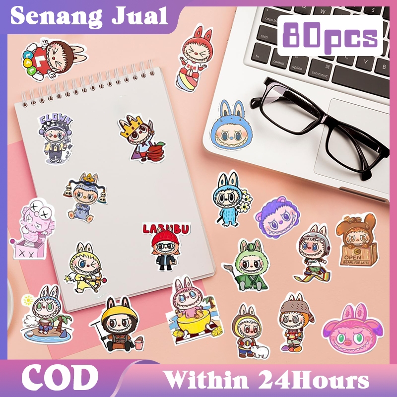 

80Pcs Labubu Sticker Pola Boneka Kartun Lucu Popmart Lembar Waterproof